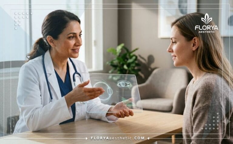 طبيب محترف يعرض خطة عمليات توسيع فتحة العين عبر جهاز لوحي متطور