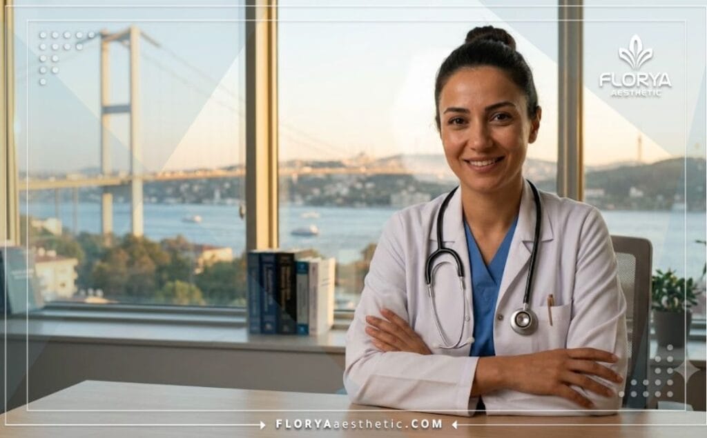 Médecin accueillant devant un paysage emblématique d'Istanbul pour les patients internationaux