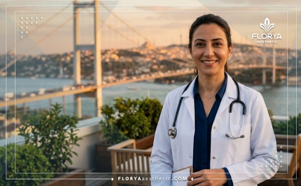 Especialista médico sonriendo con la ciudad de Estambul de fondo.