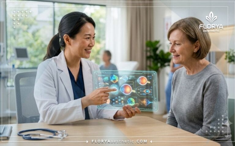 طبيب متخصص يعرض خطة تقنية كات آي لتجميل العيون لمريضة باستخدام جهاز لوحي متطور