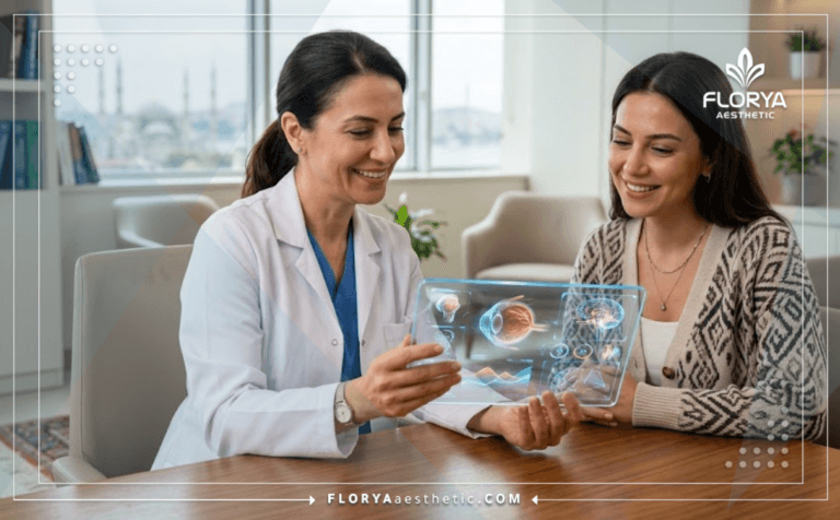 طبيب خبير يشرح خطة تجميل عيون القطط في تركيا للمريضة باستخدام تقنيات رقمية حديثة.
