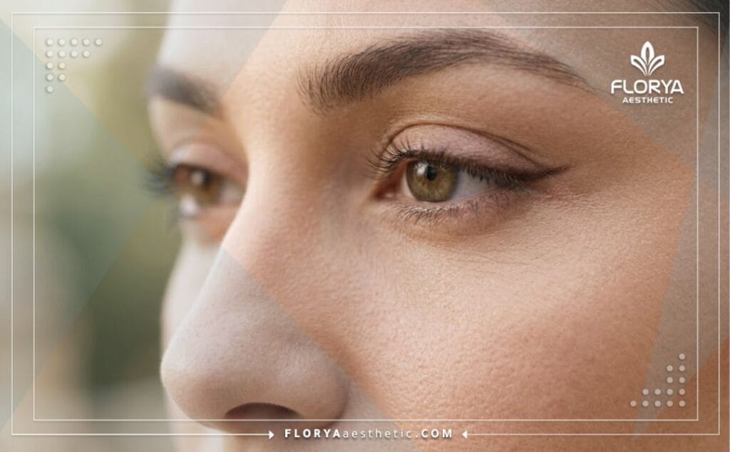 Close-up cinematic shot showing the perfect, flawless outcome of an aesthetic eye lift procedure.