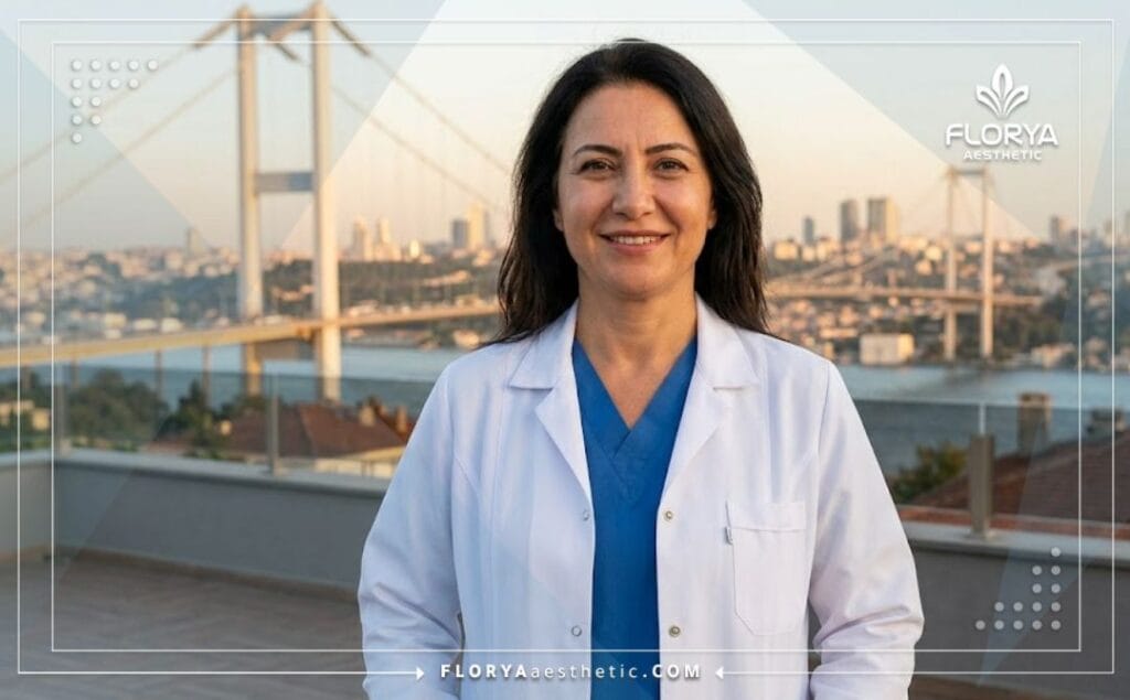 Friendly specialized eye surgeon standing in Istanbul with the Bosphorus Bridge in the background.