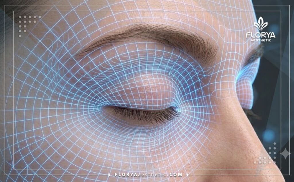 مسح رقمي ثلاثي الأبعاد يركز بدقة على منطقة العين والحاجب لعمليات التجميل.
