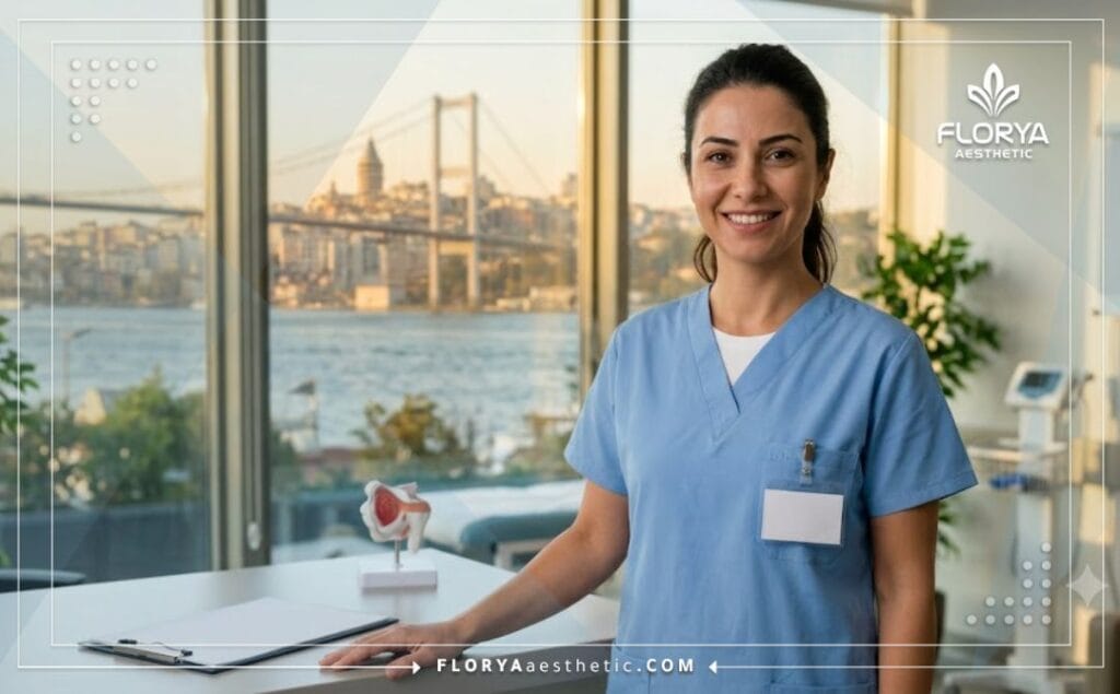 طبيب تجميل ودود يرحب بالمرضى في اسطنبول مع خلفية مميزة لجسر البوسفور.