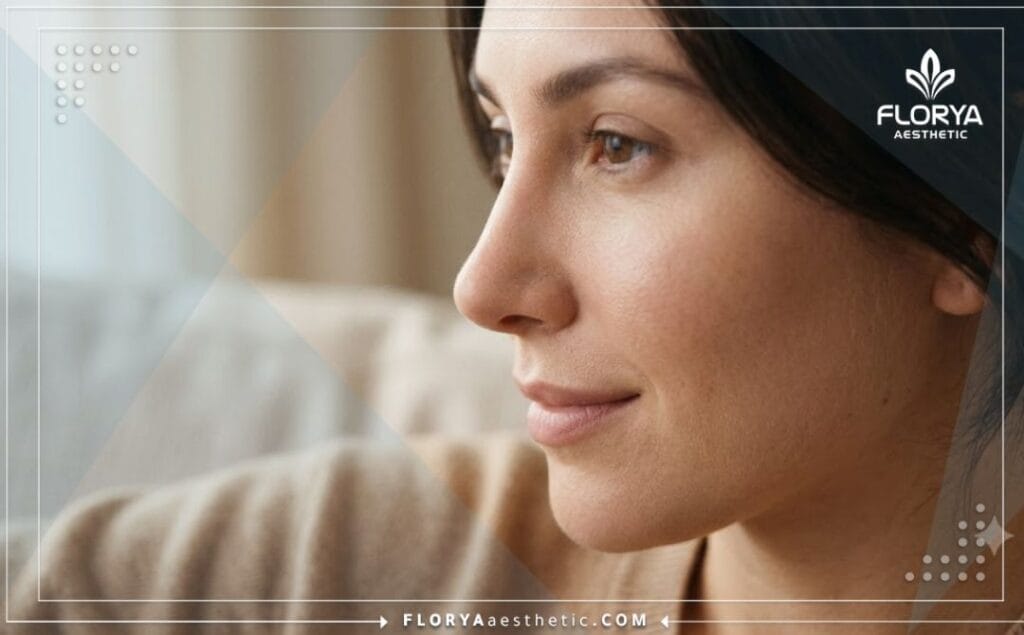 Macro photographic view displaying the perfect aesthetic result of a refined nose profile.