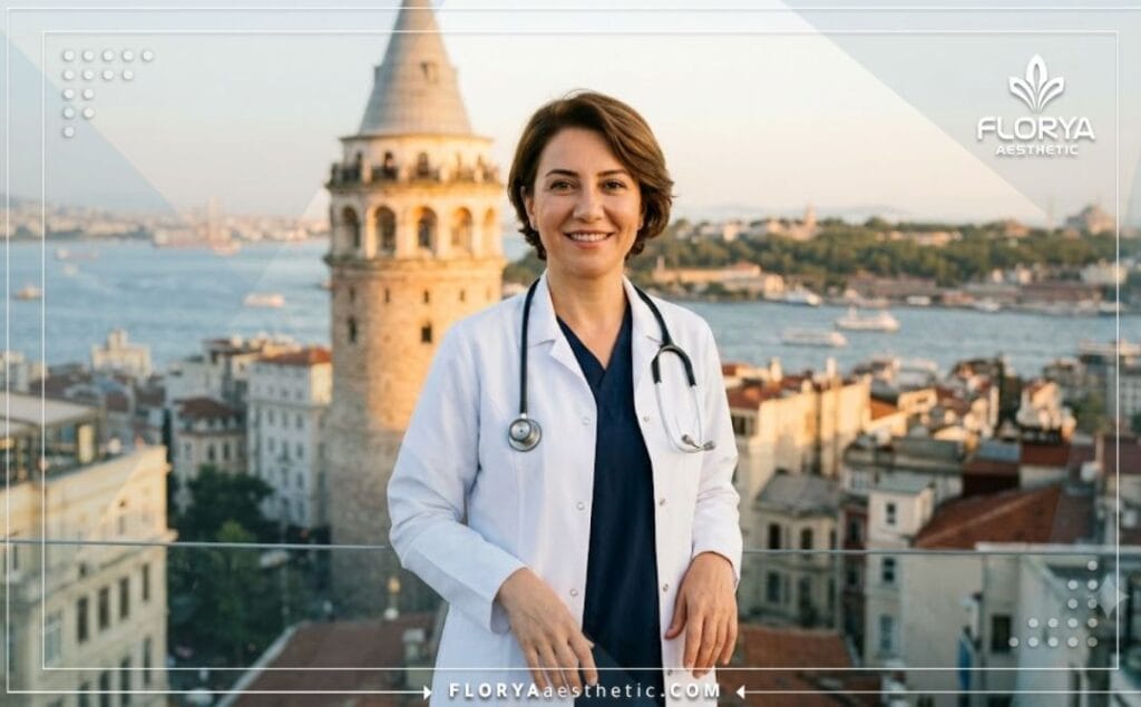 Professional cosmetic surgeon in Istanbul welcoming patients with a skyline view background.
