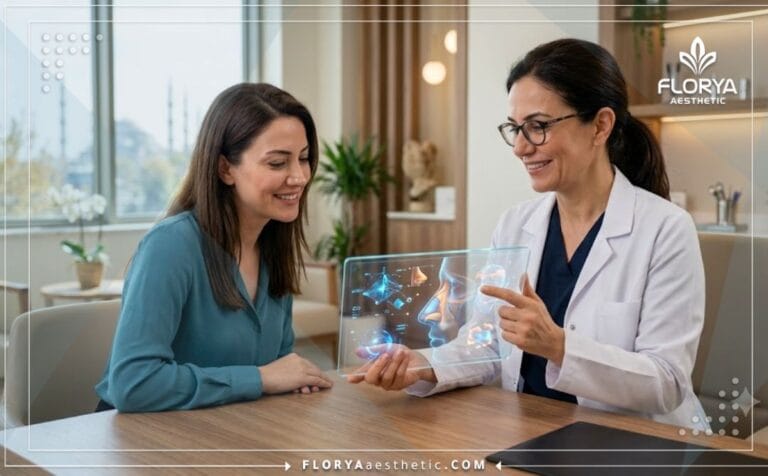 طبيب يناقش خطة علاج عملية تجميل الأنف المغلقة في تركيا مع مريضة باستخدام جهاز رقمي.