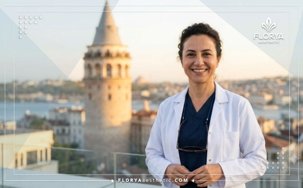 Friendly specialist doctor welcoming patients to Istanbul with a recognizable landmark