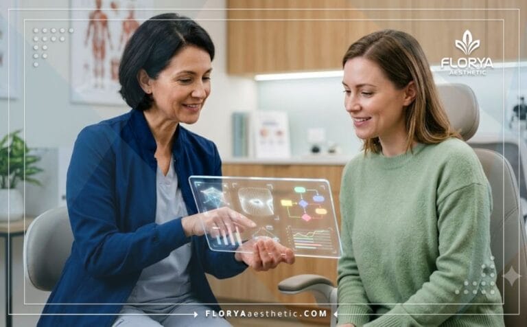طبيب محترف يشرح خطة جراحة تجميل محيط العين الشاملة للمريض باستخدام تقنية حديثة ومتقدمة