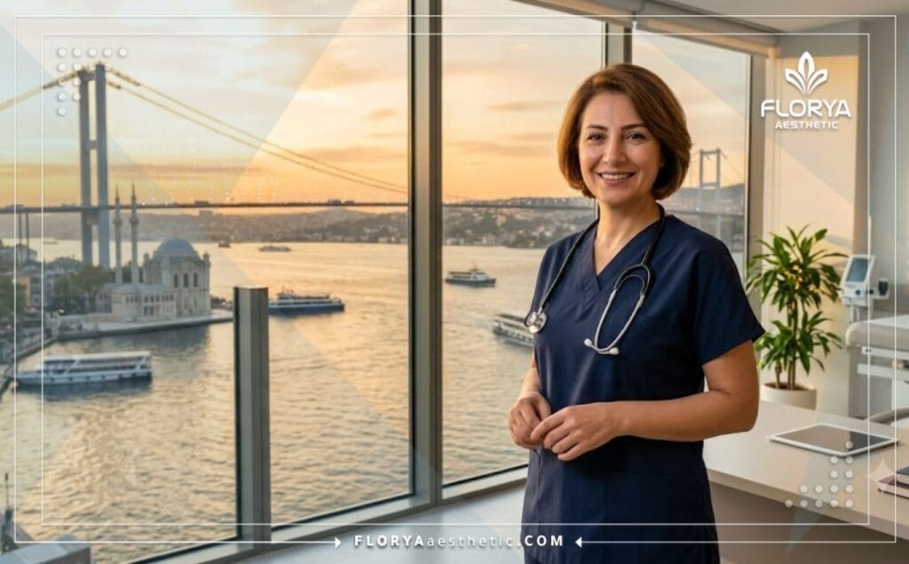 Cirujano experto en ptosis dando la bienvenida a pacientes en Estambul con el Bósforo de fondo