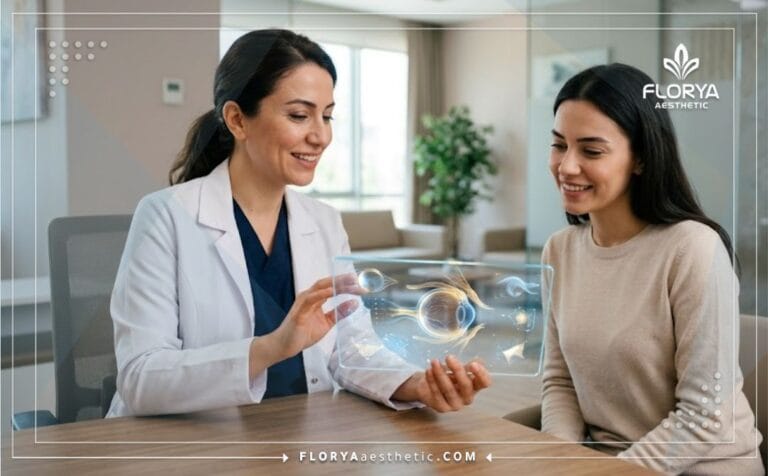 Médico profesional mostrando un plan de tratamiento digital en los mejores Centros de cirugía estética ocular en Turquía.