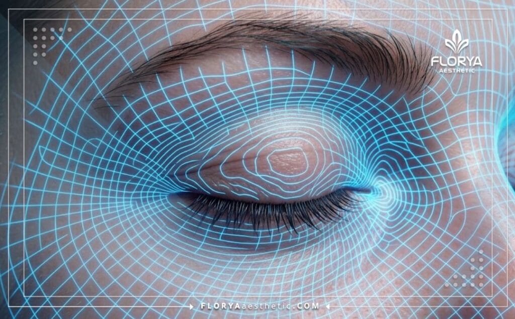 High-tech digital 3D macro surface scan focusing strictly on the eyelids and eye area.