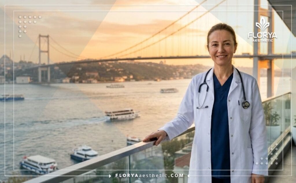 Friendly eyelid specialist doctor welcoming a patient to Istanbul with a landmark view.