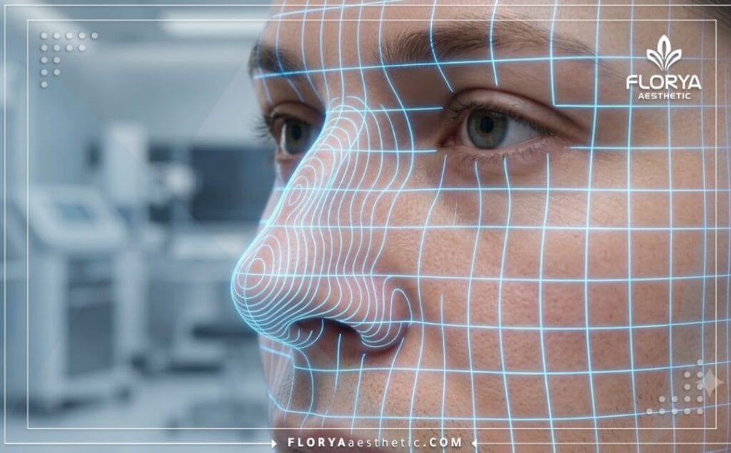 مسح رقمي ثلاثي الأبعاد عالي الدقة يوضح تفاصيل جسر الأنف والمنطقة الأنفية.