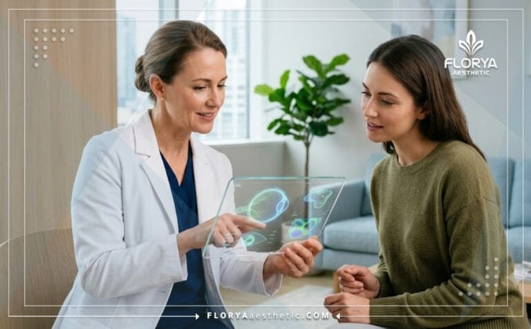 طبيب محترف يشرح خطة جراحة تجميل الجفن المزدوج للمريض باستخدام تقنيات حديثة
