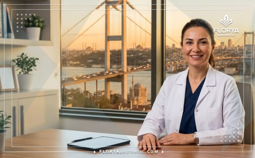 Welcoming doctor specializing in aesthetic eye procedures posing near a famous Istanbul landmark