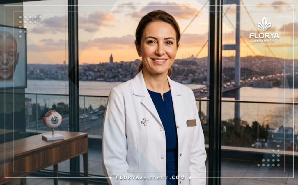 Friendly medical expert specializing in eye surgeries standing before an Istanbul landmark.