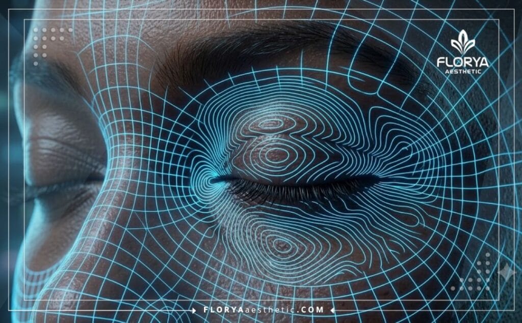 High-tech digital 3D mesh scan focusing on the eyelid anatomy for precise surgical planning.