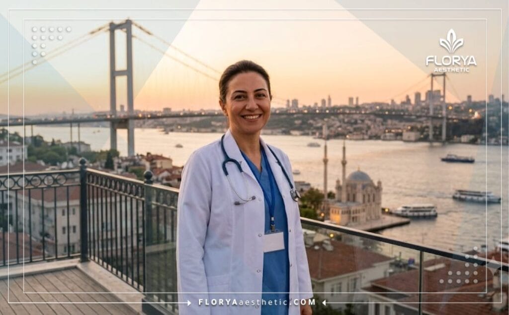 Friendly specialized eye doctor with a recognizable Istanbul landmark in the background.