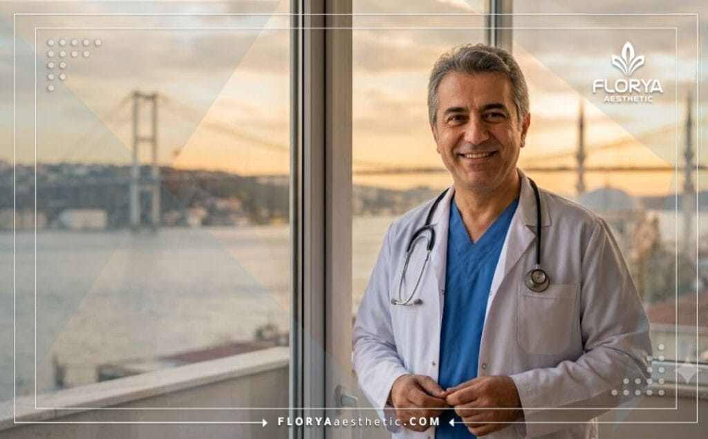 طبيب خبير في تجميل العيون يرحب بك مع خلفية لمعالم اسطنبول السياحية