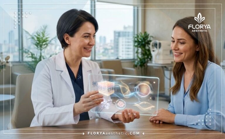 طبيب محترف يشرح خطة استعادة شباب العين في تركيا للمريض عبر جهاز لوحي شفاف متطور.