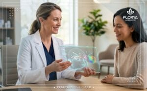 Professional doctor explaining the Eyebrow and Eyelid Lift procedure using a transparent digital tablet.