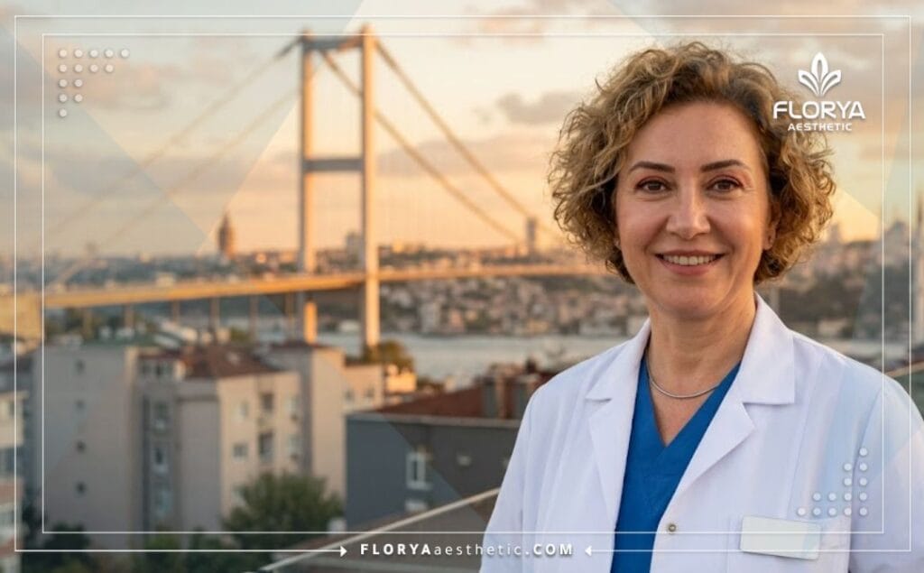 Friendly aesthetic specialist welcoming patients with the Istanbul skyline in the background.