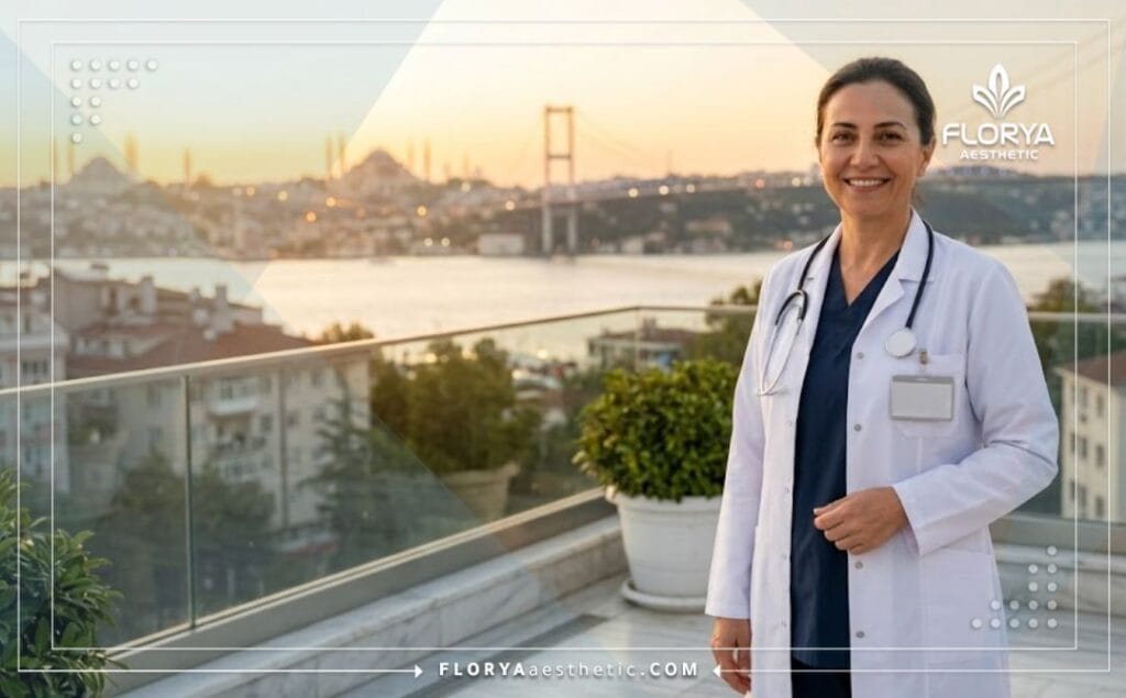 طبيب تجميل يبتسم مع جسر البوسفور في الخلفية للترحيب بالمرضى.