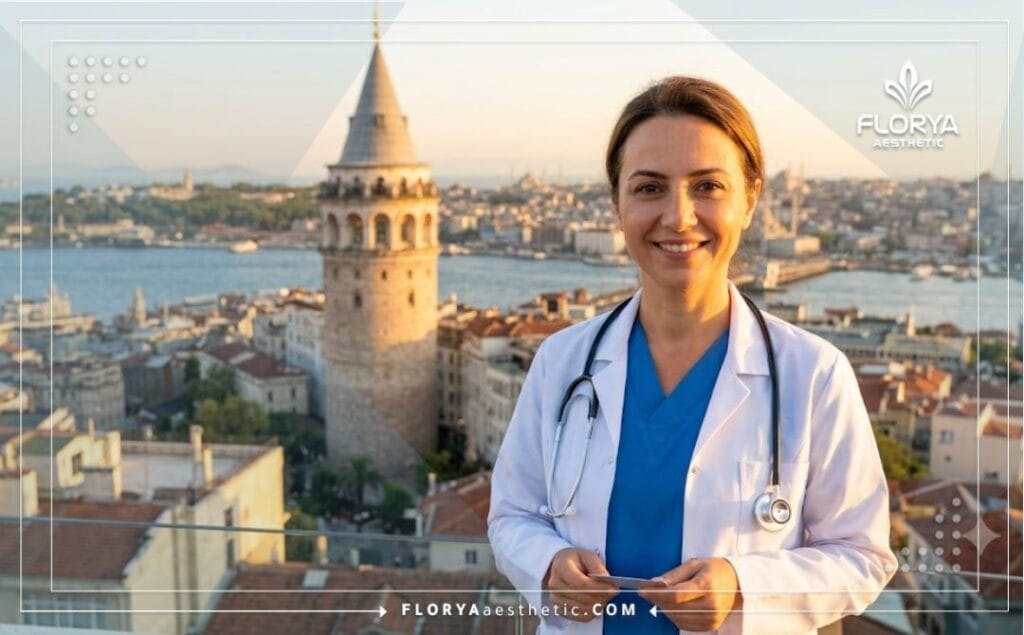 Friendly aesthetic doctor specializing in eye treatments, standing before a beautiful Istanbul landmark.
