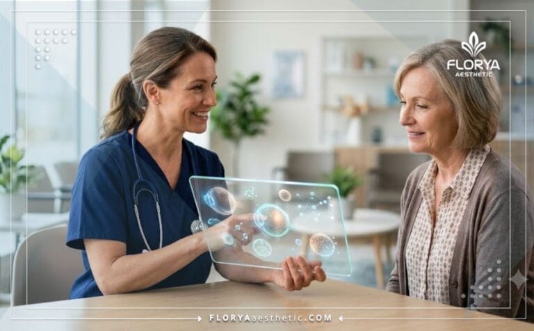طبيب متخصص يشرح خطة جراحة استئصال الزوائد الجلدية بالعين للمريض باستخدام تقنيات رقمية حديثة