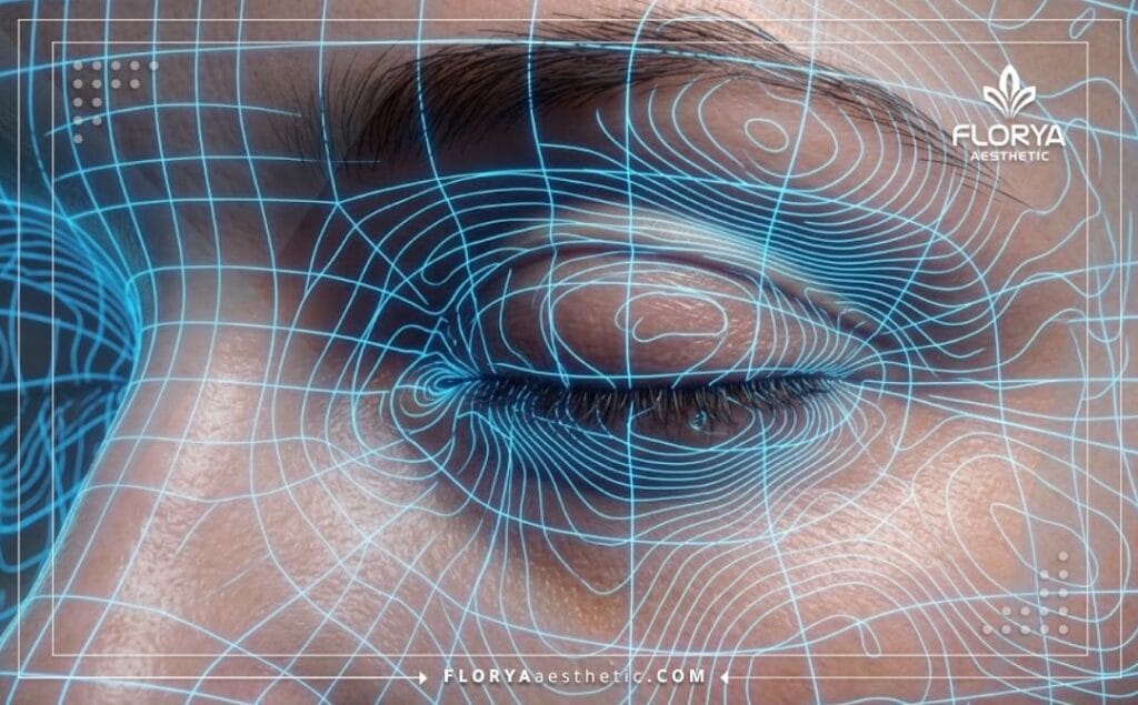 High-tech digital 3D mesh visualization focusing purely on the eye and eyelid anatomical structure.