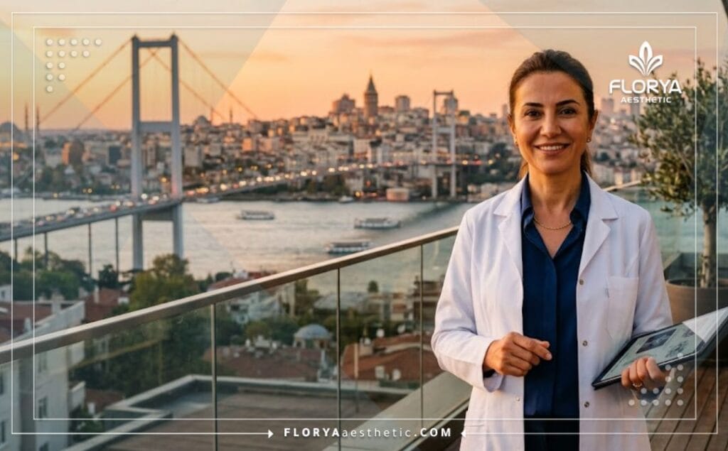 Friendly and professional doctor welcoming patients to Istanbul with the beautiful Bosphorus Bridge in the background.