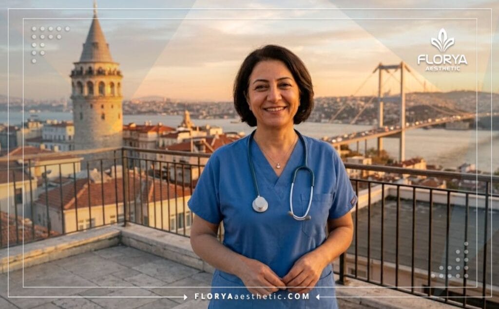 Friendly medical doctor posing in front of the Bosphorus Bridge in Istanbul