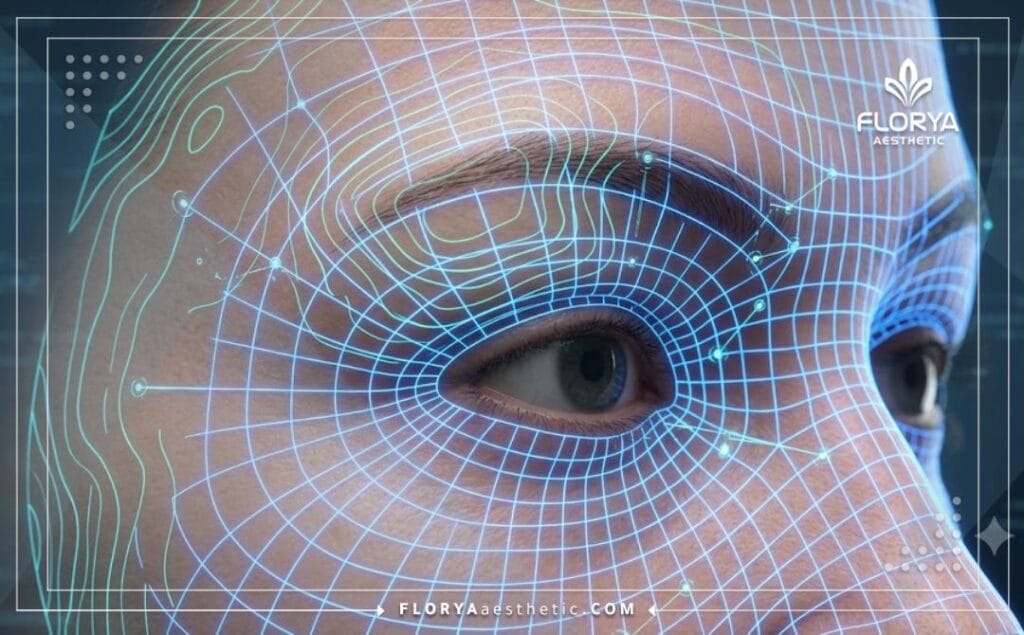 Высокотехнологичное 3D-сканирование, показывающее цифровую сетку вокруг области глаз.
