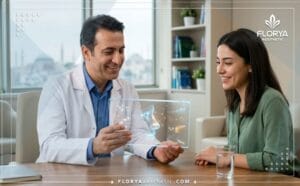 : طبيب خبير يشرح خطة علاج تجميل الأنف الوظيفي في تركيا للمريض باستخدام تكنولوجيا حديثة.