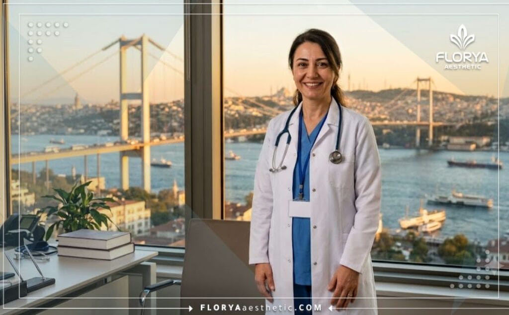 Welcoming medical professional in Istanbul standing in front of an iconic city landmark.