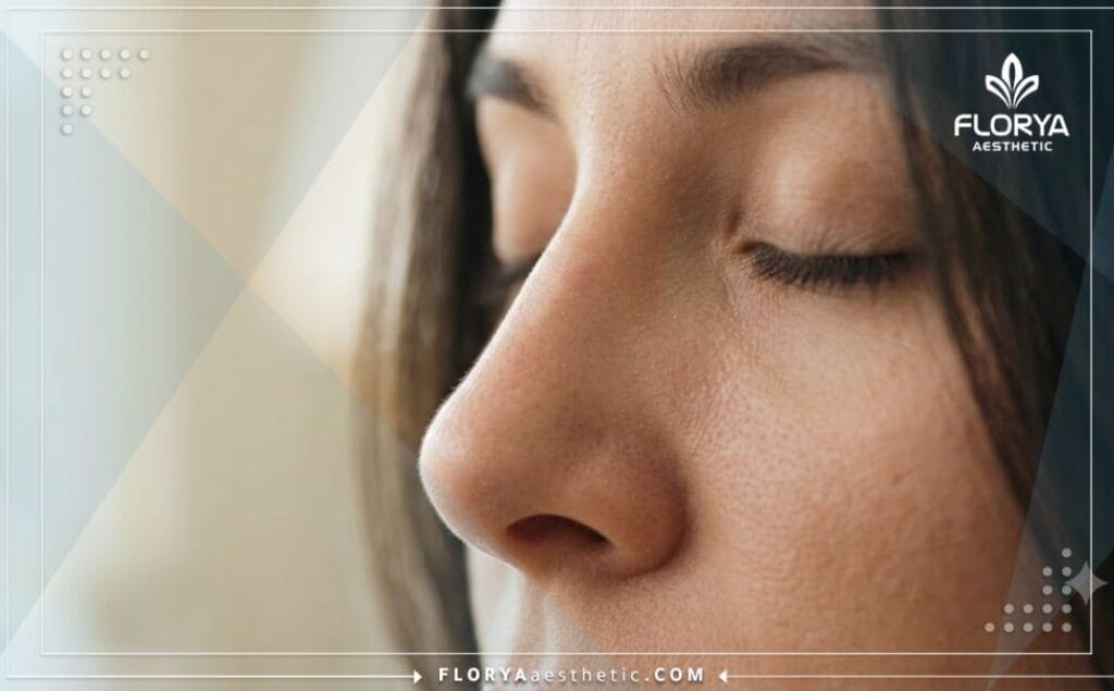 Cinematic close-up showing the flawless and perfect aesthetic result of a nasal procedure.