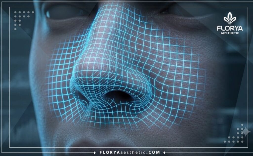 High-tech 3D digital mesh scan focusing on the nasal anatomy and septum structure.