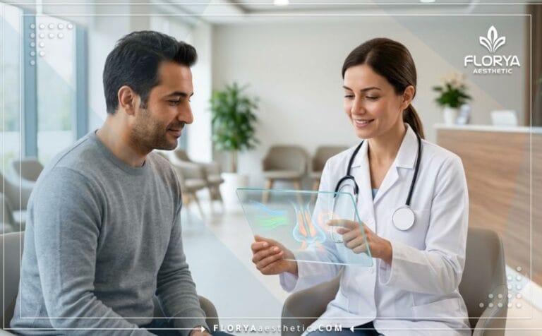 طبيب محترف يشرح خطة تصحيح انحراف الوتيرة الأنفية في تركيا للمريض باستخدام تكنولوجيا لوحية متقدمة في عيادة حديثة.