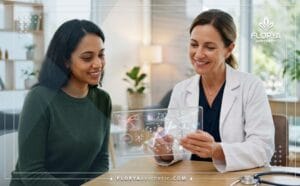 طبيب متخصص يعرض خطة علاج الهالات السوداء الوراثية على جهاز لوحي حديث