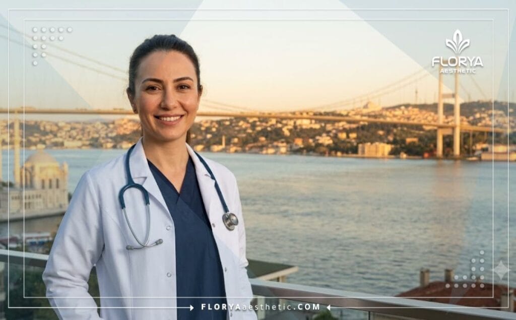 Docteur chaleureux vous accueillant à Istanbul avec la tour Galata en arrière-plan