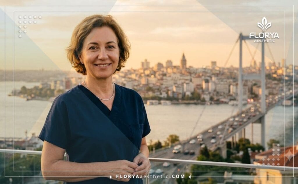 طبيب متخصص في تجميل العيون يرحب بالمرضى في إسطنبول مع معلم سياحي بالخلفية