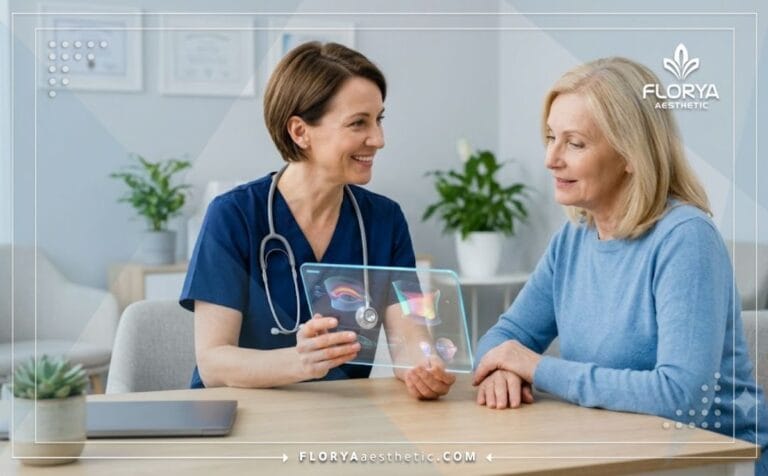 طبيب خبير يناقش خطة تجميل العيون المبطنة مع مريضة باستخدام أحدث التقنيات الرقمية