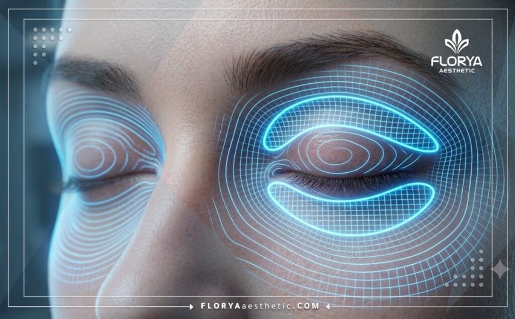A highly detailed 3D digital scan highlighting the precision of the laser treatment on the delicate eyelid area.