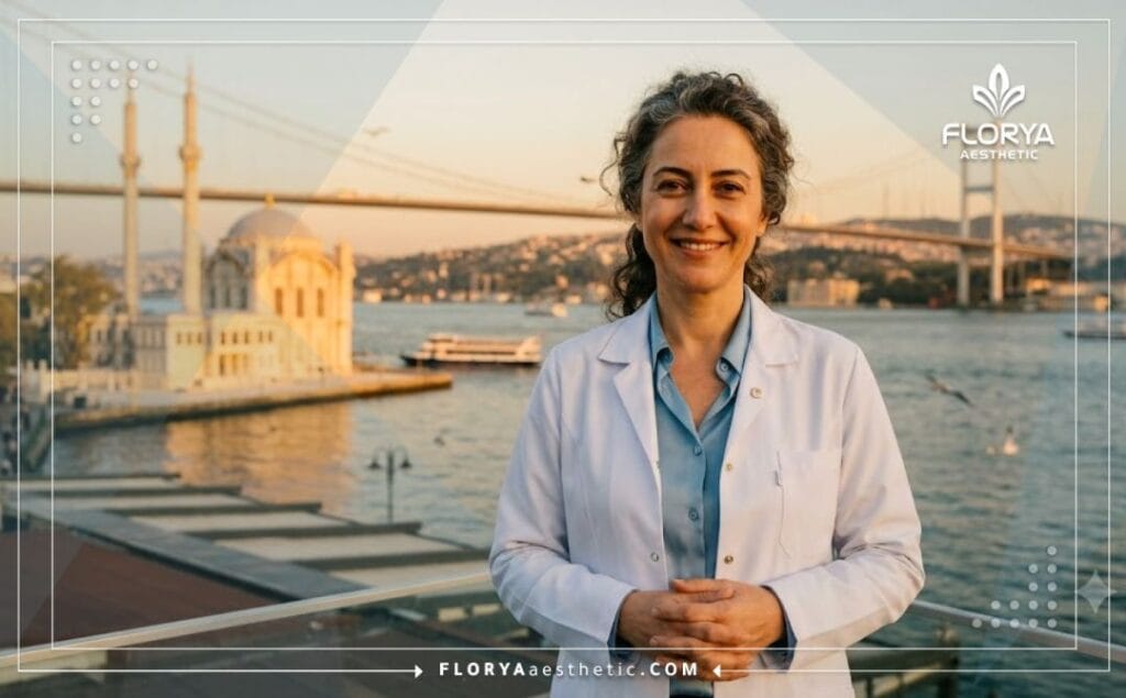 A friendly medical expert specializing in eye aesthetics, smiling with the iconic Istanbul skyline in the background.