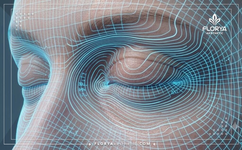 مسح رقمي ثلاثي الأبعاد لمنطقة الجفون والعين يوضح دقة تقنية الليزر المستخدمة في التجميل