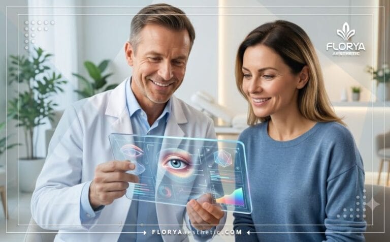طبيب يشرح سعر عملية تجميل الجفون بالليزر في تركيا للمريض باستخدام جهاز لوحي متطور