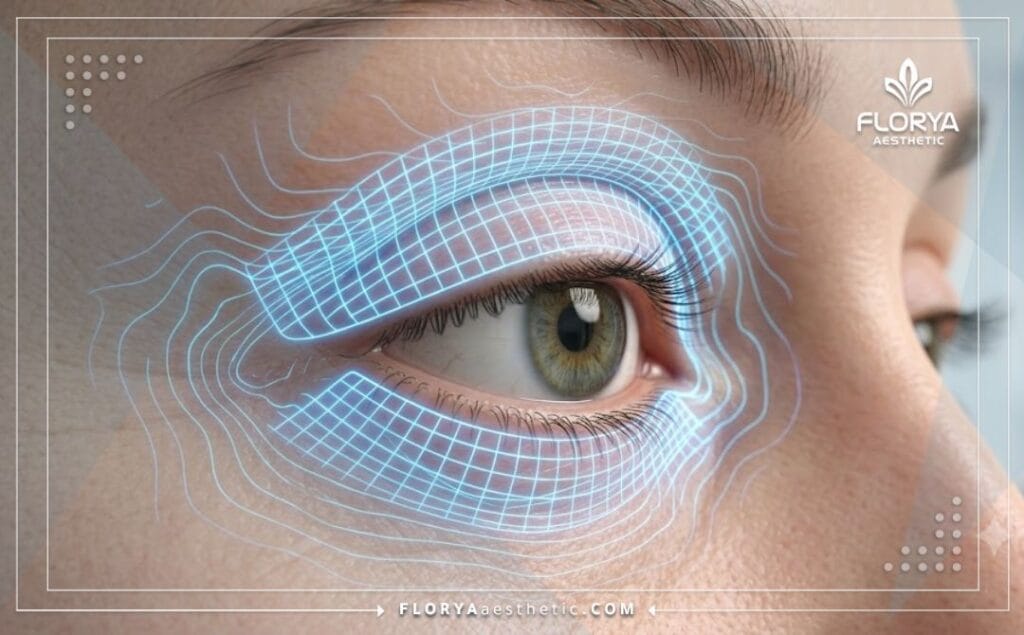 Modélisation 3D de la zone des yeux pour une intervention esthétique précise.