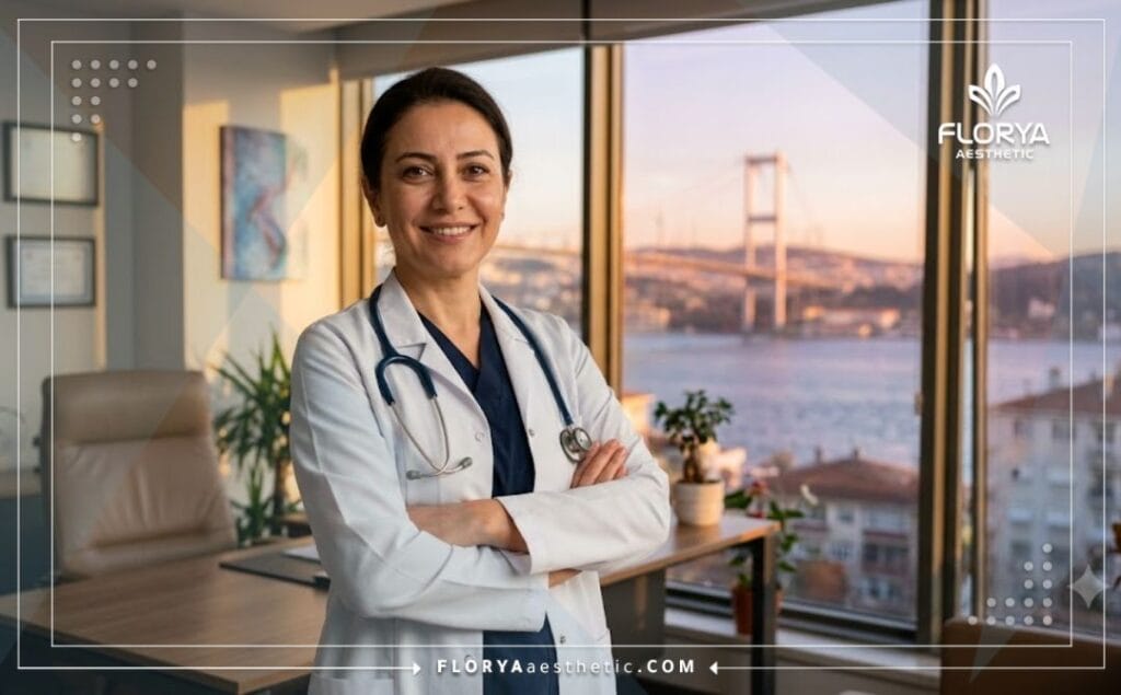 Médecin spécialiste souriant avec le pont du Bosphore à Istanbul en arrière-plan.